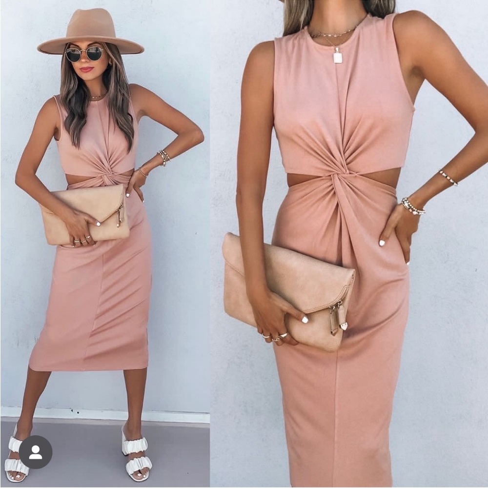 Vici Bernadette Cutout Twist Knit Midi Dress - Dusty Peach